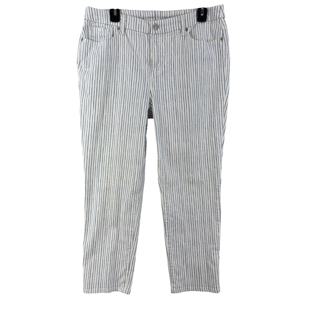 Chico's Pants Sz 2 US Sz 12 So Slimming Girlfriend Crop Blue Pinstripe Stretch